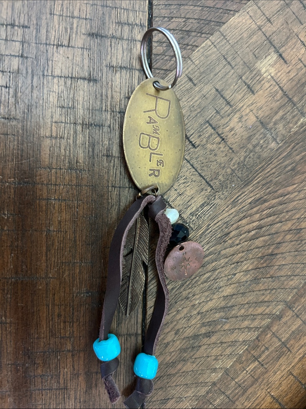 Brass Keychain with Brown Leather and Turquoise Beads